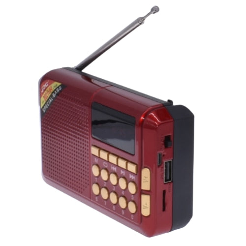 Radio Portabil cu Acumulator, FM, Cititor format MP3 USB/TF, Bluetooth, Incarcare Solara, Afisaj digital, Joc, Rosu