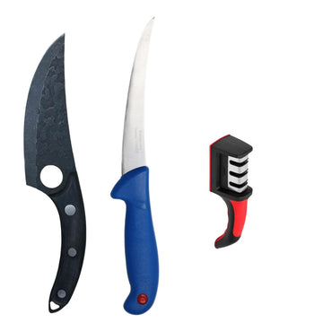 Set 2 Cutite Profesionale Macelarie & Bucatarie, Cutit Japonez Forjat Manual 27.5 cm , Cutit Curbat pentru Dezosat 28 cm, Otel Inoxidabil, Maner Lemn & Plastic, Ergonomice +1 Ascutitor cutite